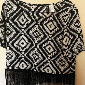 H&M black and white diamond  crop top w/ fringe